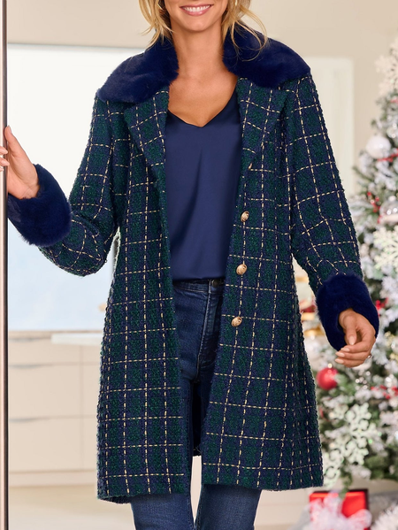 Geometric Cotton-Blend Casual Shawl Collar Overcoat, Blue, Outerwear
