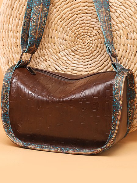 Ethnic Vintage Letter Embossed Shoulder Crossbody Bag, Coffee, Women's Bags