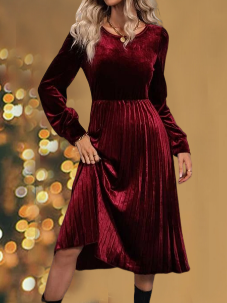 Holiday Party Urban Crew Neck Plain Velvet Dress, Red, Midi Dresses