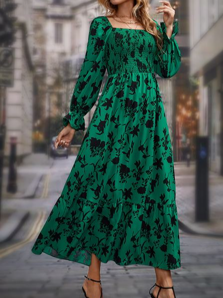 Square Neck Floral Regular Fit Urban Dress, Green, Clothing 
Square Neck Floral Regular Fit Urban Dress, Green, Clothing