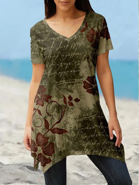 Floral V Neck Polyester Cotton Casual Top, Army green, Tops