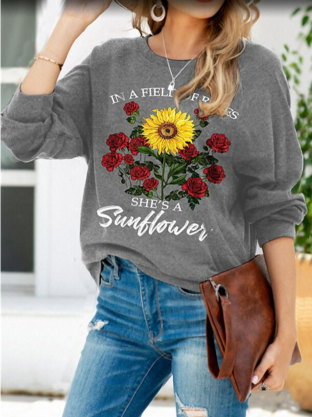 Crew Neck Loose Floral Casual Sweatshirt, Gray, Sweatshirts & Hoodies
