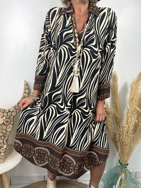 Geometric V Neck Regular Fit Ethnic Dress, Brown, Dresses