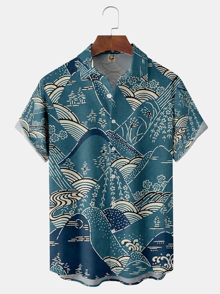 Japanese Ukiyoe Chest Pocket Short Sleeve Hawaiian Shirt, Blue, Men Shirts