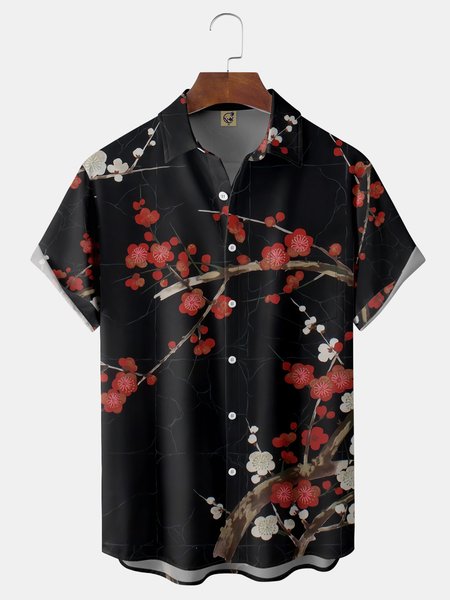 Plum Bossom Chest Pocket Short Sleeve Hawaiian Shirt, Black, Short Sleeve Shirts