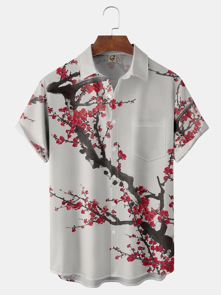 Japanese Plum Blossom Chest Pocket Short Sleeve Hawaiian Shirt, White, Short Sleeve Shirts 
Japanese Plum Blossom Chest Pocket Short Sleeve Hawaiian Shirt, White, Short Sleeve Shirts