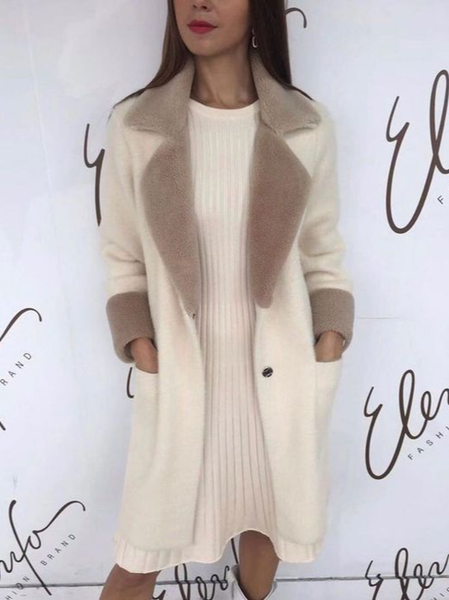 Regular Fit Lapel Collar Casual Plain Teddy Jacket, White, Outerwear