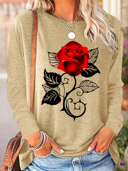 Women's Rose Print Casual Top, Apricot, Long sleeves