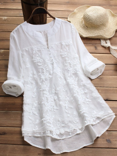 Plus Size Casual Long Sleeve V Neck Top, White, Shirts & Blouses