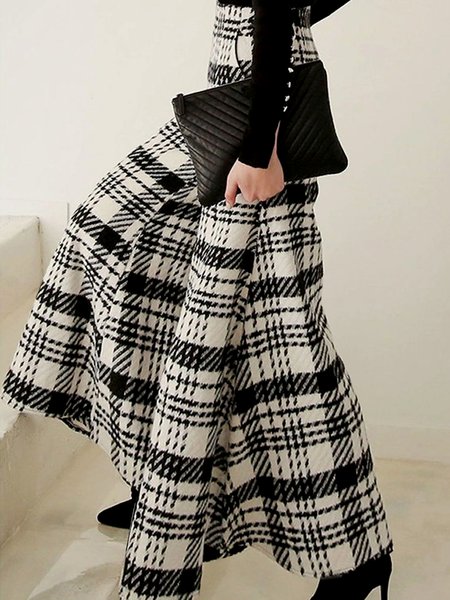 Loose Plaid Fashion Mid Waist Pants, Black-white, Pants