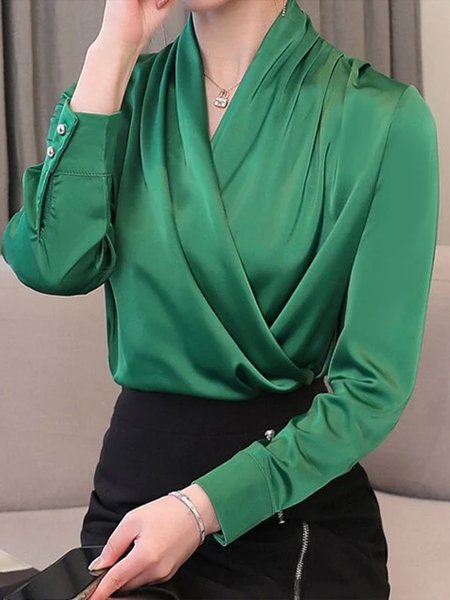 Daily Cross Neck Regular Fit Elegant Plain Blouse, Green, Blouses and Shirts
