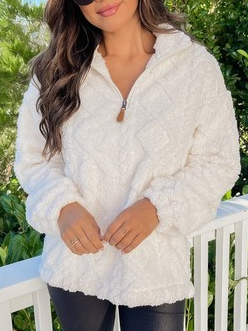 Casual Loose Plain Half Open Collar Sweatshirt, White, Hoodies & Sweatshirts