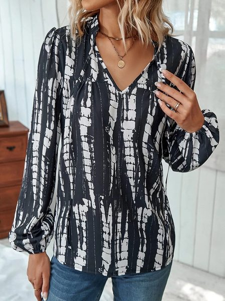 V Neck Tie-Dye Pattern Casual Top, Black, Tops