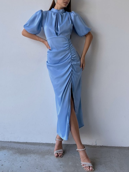 Crew Neck Plain Elegant Dress & Party Dress, Blue, Maxi Dresses