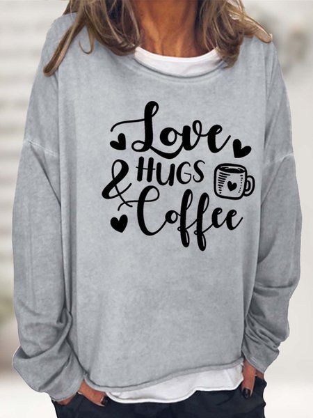 Women’s Love Hugs Coffee Loose Casual Sweatshirt, Gray, Hoodies&Sweatshirts