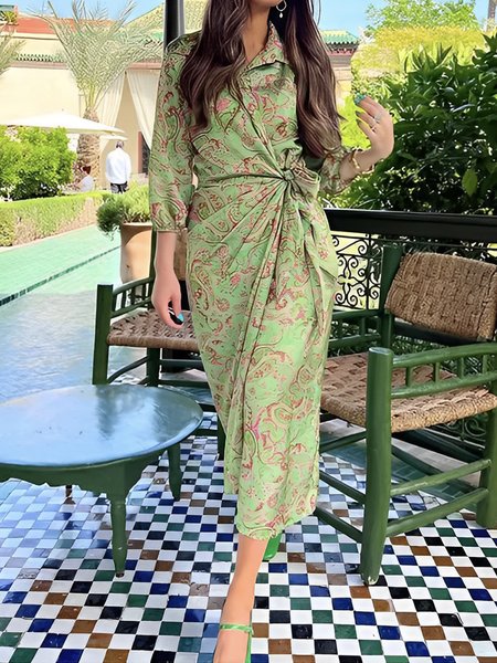 Floral Vacation Regular Fit Three Quarter Midi Dress, Green, Midi Dresses