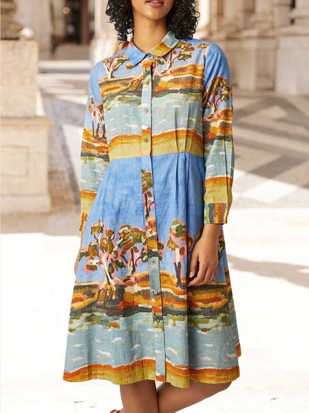 Regular Fit Vacation Shirt Collar Geometric Dress, Blue, Dresses