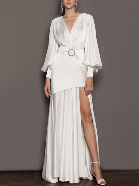 V Neck Satin Elegant Regular Fit Dress & Party Dress, White, Maxi Dresses