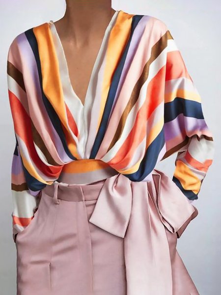 Urban Loose Striped V Neck Blouse, Multicolor, Blouses and Shirts