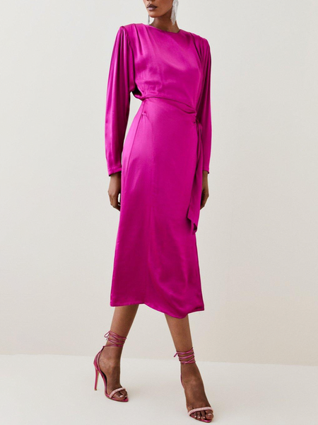 Elegant Regular Fit Plain Acetate Dress & Party Dress, Pink, Maxi Dresses