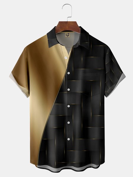 Geometric Chest Pocket Short Sleeve Casual Shirt, Black, Short Sleeve Shirts