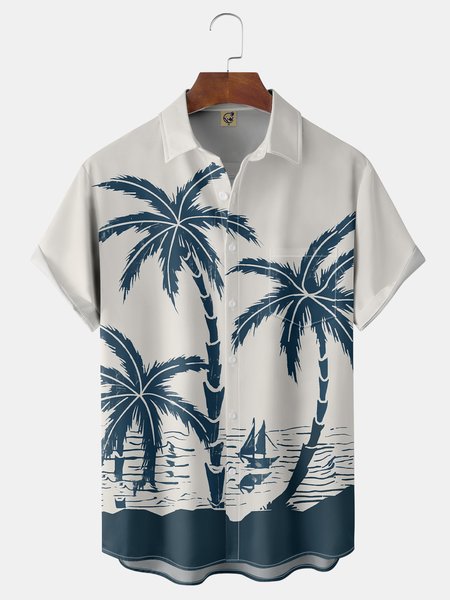 Coconut Tree Chest Pocket Short Sleeve Hawaiian Shirt, White, Short Sleeve Shirts