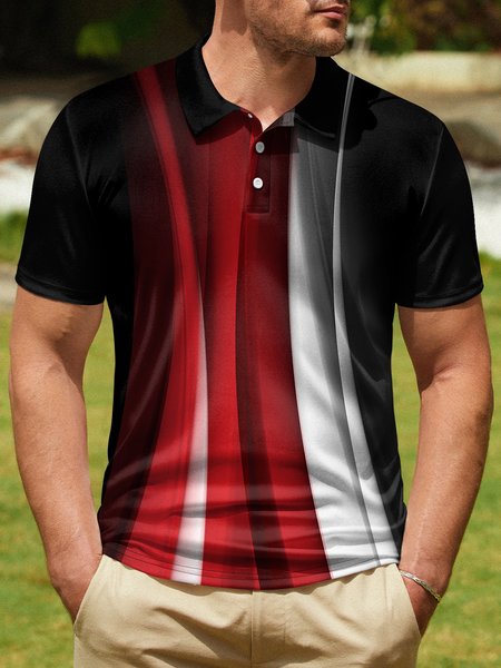 Gradient Abstract Line Button Short Sleeve Polo, Black, Polo Shirts