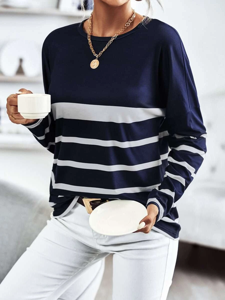 Crew Neck Casual Striped Loose T-Shirt, Blue, T-Shirts