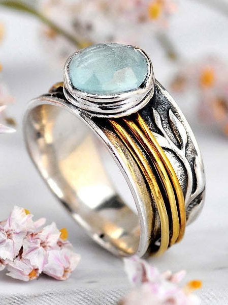 

Vintage Two Tone Metal Ring with Green Crystal Boho Ethnic Jewelry, As picture, Rings