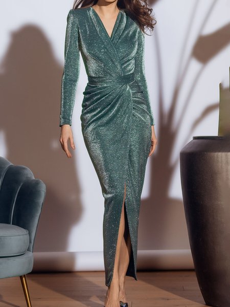 V Neck Urban Spring Hip Party Dress, Green, Cocktail Dresses