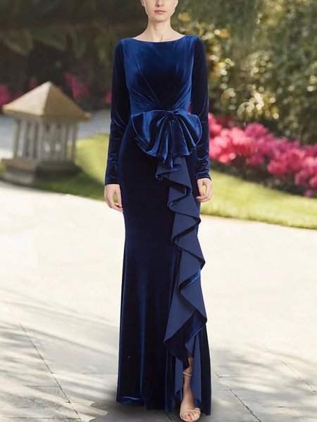 Regular Fit Plain Crew Neck Elegant Dress & Party Dress, Navy blue, Maxi Dresses