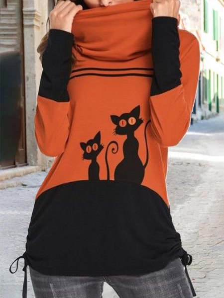 Turtleneck Animal Casual Sweatshirt, Orange, Hoodies & Sweatshirts