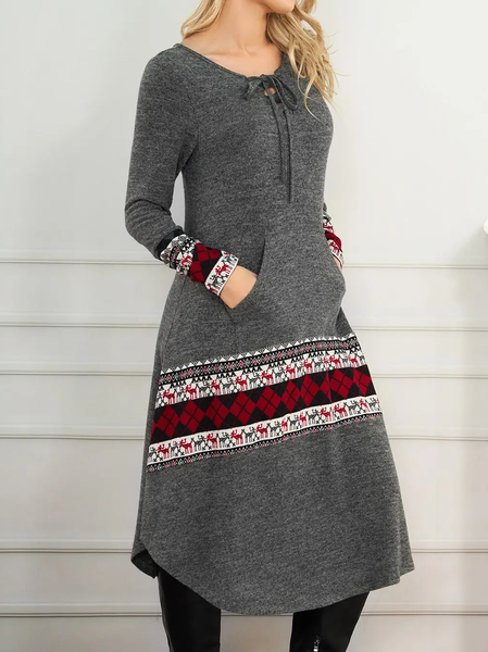 Regular Fit Geometric Casual Dress, Gray, Midi Dresses