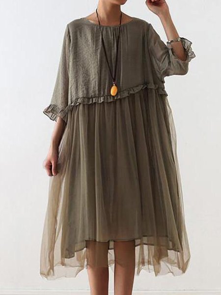 Ruched Casual Dress, Green, Midi Dresses