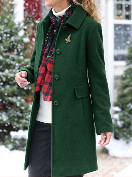 Woolen Shawl Collar Casual Plain Overcoat, Green, Coats