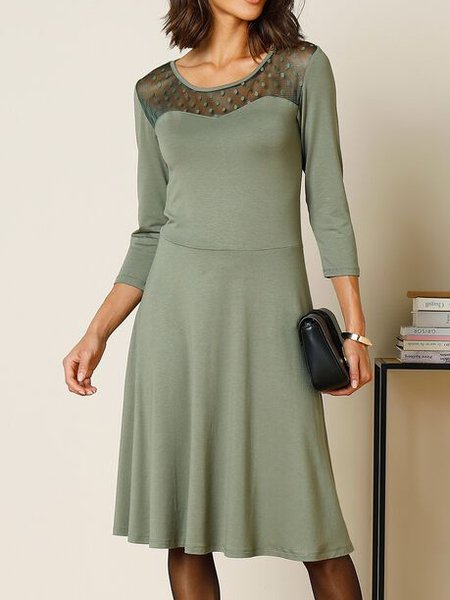 Casual Crew Neck Loose Plain Dress, Army green, Midi Dresses
