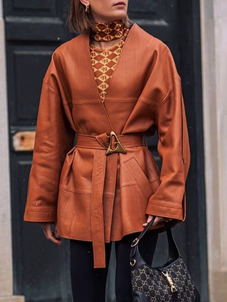 Long sleeve Off Shoulder Sleeve V Neck Urban Jacket, Brown, Jackets