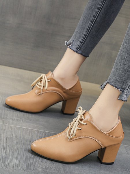 Commuting Simple Lace Up Leather Chunky Heel Shoes, Camel, Heels