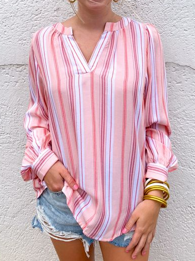 Loose Striped Stand Collar Top, Multicolor, Tops