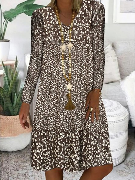 Regular Fit Floral Dress, Brown, Mini Dresses