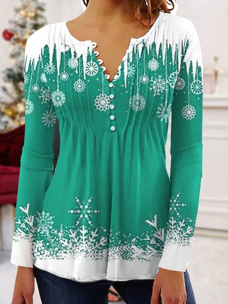 Christmas Printed Jersey Casual Long Sleeve TUNIC Top, Green, Blouses
