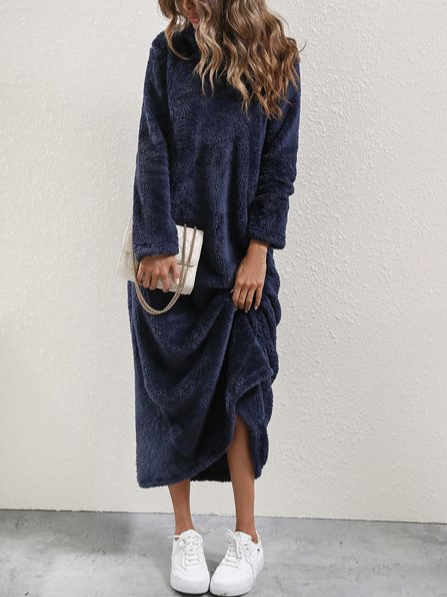 Turtleneck Casual Plain Teddy Dress, Purplish blue, Midi Dresses