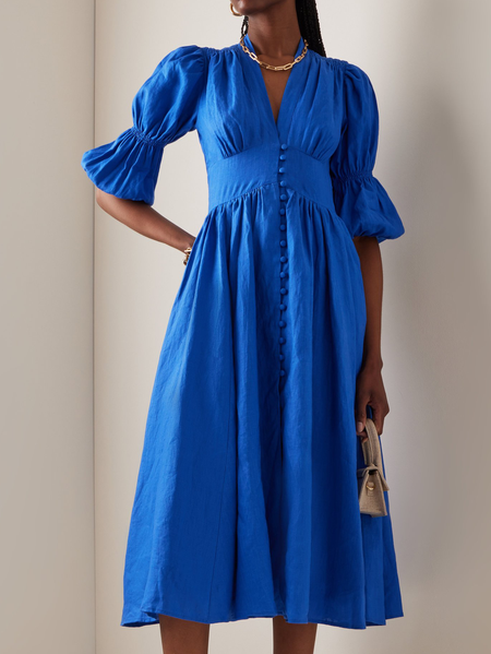 Puff-Sleeve Linen Midi Dress, Blue, Midi Dresses