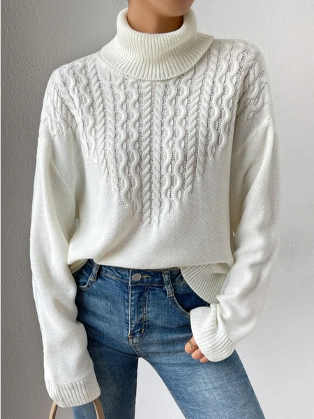 Stand Collar Plain Casual Loose Sweater, White, Sweaters & Cardigans