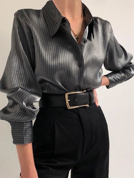 Simple Striped Loose Shirt Collar Blouse, Gray, Blouses and Shirts