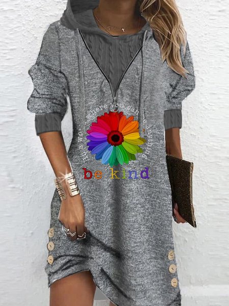 Hoodie Regular Fit Floral Casual Dress, Gray, Dresses