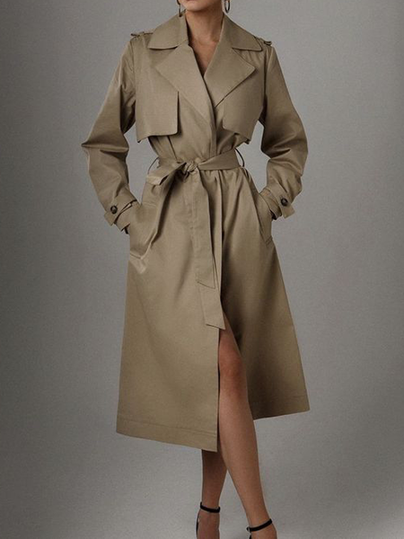 Urban Loose Lapel Collar Long sleeve Mid-long Trench Coat, Khaki, Coats