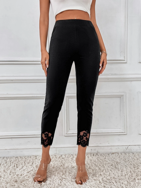 Plain Lace Casual Cotton-Blend Leggings, Black, Leggings