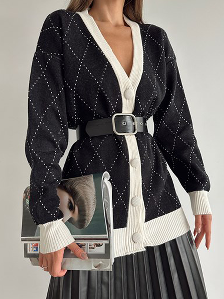 Loose V Neck Urban Geometric Long sleeve High Elasticity Sweater Coat, Black-white, Cardigans
Loose V Neck Urban Geometric Long sleeve High Elasticity Sweater Coat, Black-white, Cardigans