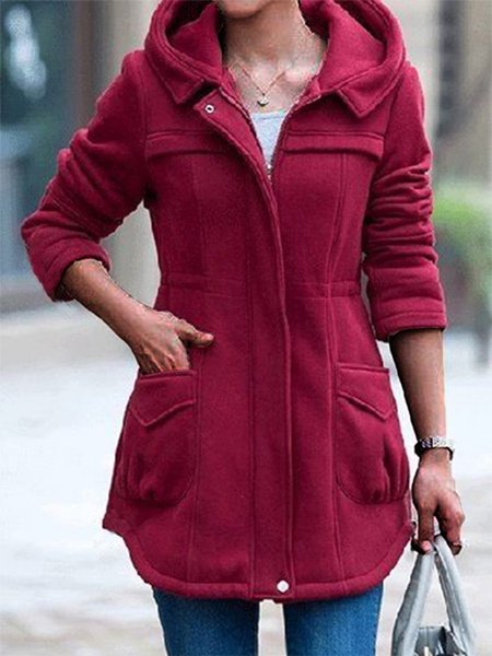 Hoodie Plain Zipper Casual Other Coat, Red, Coats